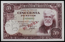 1951. 50 pesetas. (Ed. 462M) (Pick 1415). 31 de diciembre, Rusiñol. Billete de muestra. Sin firma del cajero. Numeración A0000000. "NULO 16" en perfor...