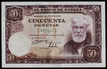 1951. 50 pesetas. (Ed. 462b) (Pick 141a). 31 de diciembre, Rusiñol. Serie C. Numeración posterior a 9.000.000, sin firma del cajero. Doblez central. A...