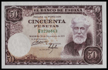 1951. 50 pesetas. (Ed. 462c) (Pick 141a). 31 de diciembre, Rusiñol. Serie E, última emitida. Sin firma del cajero. Levísima marquita por manipulación ...