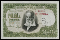 1951. 1000 pesetas. (Ed. 463M) (Pick 143s). 31 de diciembre, Sorolla. Billete de muestra. Sin firma del cajero. Numeración A0000000. "NULO 16" en perf...