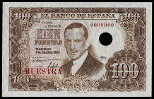 1953. 100 pesetas. (Ed. 464Ma) (Pick 145s). 7 de abril, Romero de Torres. Billete de muestra. Sin firma del cajero. Numeración 0000000. Taladro de can...