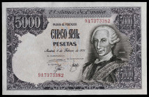 1976. 5000 pesetas. (Ed. 475b) (Pick 155*). 6 de febrero, Carlos III. Serie especial 9A. Casi inapreciable doblez central. Lavado y planchado. Escaso....