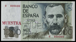 1979. 1000 pesetas. (Ed. 477M) (Pick 158s). 23 de octubre, Pérez Galdós. Numeración 0-000000. Sobrecarga tipográfica "MUESTRA" en rojo en anverso y "N...