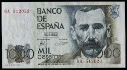 1979. 1000 pesetas. (Ed. 477b) (Pick 158*). 23 de octubre, Pérez Galdós. Serie especial 9A. Apresto original. Muy buen ejemplar. Se entrega encapsulad...