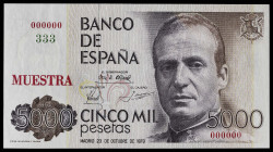 1979. 5000 pesetas. (Ed. 478M) (Pick 160s). 23 de octubre, Juan Carlos I. Numeración 000000 en rojo y 333 en verde. Sobrecarga tipográfica "MUESTRA" e...