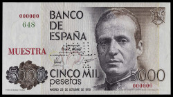 1979. 5000 pesetas. (Ed. 478M) (Pick 160s). 23 de octubre, Juan Carlos I. Numeración 000000 en rojo y 648 en verde. Sobrecarga tipográfica "MUESTRA" e...