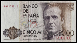 1979. 5000 pesetas. (Ed. 478aa) (Pick 160). 23 de octubre, Juan Carlos I. Serie L-B, última emitida. Apresto original. Muy buen ejemplar. Se entrega e...