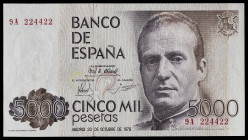 1979. 5000 pesetas. (Ed. 478b) (Pick 160*). 23 de octubre, Juan Carlos I. Serie especial 9A. Apresto original. Muy buen ejemplar. Se entrega encapsula...