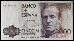 1979. 5000 pesetas. (Ed. 478b) (Pick 160*). 23 de octubre, Juan Carlos I. Serie especial 9B. Apresto original. Muy buen ejemplar. Se entrega encapsula...