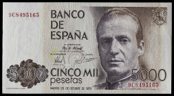 1979. 5000 pesetas. (Ed. 478b) (Pick 160*). 23 de octubre, Juan Carlos I. Serie especial 9C. Apresto original. Muy buen ejemplar. Se entrega encapsula...