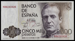 1979. 5000 pesetas. (Ed. 478b) (Pick 160*). 23 de octubre, Juan Carlos I. Serie especial 9D. Apresto original. Muy buen ejemplar. Se entrega encapsula...