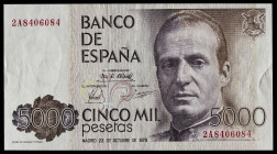 1979. 5000 pesetas. (J. A. Castellanos Er.I2 (RCT)). 23 de octubre, Juan Carlos I. Serie 2A. Error por impresión incompleta total calcográfica del rev...