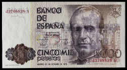 1979. 5000 pesetas. (J. A. Castellanos Er.I4 (R>A)). 23 de octubre, Juan Carlos I. Serie J-A. Error por transferencia de diseño. Reverso sobre anverso...