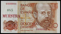 1980. 200 pesetas. (Ed. 480M) (Pick 156s). 16 de septiembre, Clarín. Numeración 0000000 en rojo y 085 en verde. Sobrecarga tipográfica "MUESTRA" en ro...