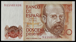 1980. 200 pesetas. (Ed. 480b) (Pick 156*). 16 de septiembre, Clarín. Serie especial 9A. Apresto original. Muy buen ejemplar. S/C.