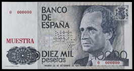 1985. 10000 pesetas. (Ed. 481M) (Pick 161s). 24 de septiembre, Juan Carlos I/Felipe. Numeración 0-000000. Sobrecarga tipográfica "MUESTRA" en rojo en ...