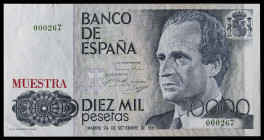 1985. 10000 pesetas. (Ed. 481M var) (Pick 161s). 24 de septiembre, Juan Carlos I/Felipe. Numeración 000267 en verde. Sobrecarga tipográfica "MUESTRA" ...