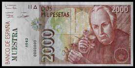 1992. 2000 pesetas. (Ed. 482AM) (Pick 162s). 24 de abril, Mutis. Numeración 0000000 en negro y A042 en verde. Sobrecarga tipográfica "MUESTRA" en verd...