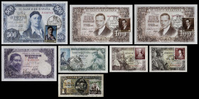 (1966-1971). 1 (tres), 5, 25, 100 (dos) y 500 pesetas. Lote de 8 billetes de distintas emisiones con matasellos en tinta negra estampado para conmemor...