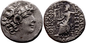 Philip I Philadelphos (Seleukid King: 95-75 BC). Tetradrachm. Obv.: Diademed head to right. Rev.: Zeus Nikephoros seated to left on throne, holding sc...