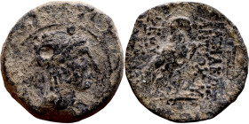 Antiochos IV Epiphanes (Seleukid King: 175-172 BC). AE bronze. Obv.: Head of Isis right, wreathed with grain, Isis crown atop taenia Rev: Eagle standi...