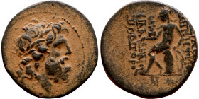 SYRIA. Antioch. Civic issue (100-1 BC). AE bronze. Obv: laureate head of Zeus, r. Rev: ΑΝΤΙΟΧΕΩΝ ΤΗΣ ΜΗΤΡΟΠΟΛΕΩΣ; Zeus seated l., holding Nike and sce...