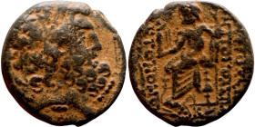 SYRIA. Antioch. Civic issue (100-1 BC). AE bronze. Obv: laureate head of Zeus, r. Rev: ΑΝΤΙΟΧΕΩΝ ΤΗΣ ΜΗΤΡΟΠΟΛΕΩΣ; Zeus seated l., holding Nike and sce...