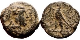 Antiochos IV Epiphanes (Seleukid King: 175-172 BC). AE bronze. Obv.: Head of Isis right, wreathed with grain, Isis crown atop taenia Rev: Eagle standi...