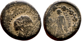 Hellenistic period coin (4-1 century BC) Bronze coin. Obv: Bust of king? Rev: A standing figure.

16mm 6.80g

Artificial sand patina
