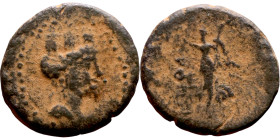 SYRIA. Antioch. Civic issue (100-1 BC). AE bronze. Obv: Bust of Tyche Rev: Nike walking to the left.

16mm 3.25g

Artificial sand patina