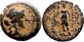 Uncertain ruler (Seleukid Kings: III- I Century BC) bronze coin. Obv: Bust of Apollo. Rev: Standing Zeus holding Scepter

17mm 5.55g

Artificial s...