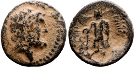 Hellenistic period coin (3-1 century BC) Bronze coin. Obv: Bust of Zeus. Rev: The prow of a galley.

17mm 3.14g

Artificial sand patina