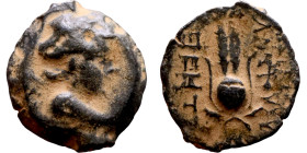 Antiochos VII (Seleukid King: 138-129 BC). AE bronze. Obv.: Bust of winged Eros right. Rev.: Headdress of Isis

15mm 2.85g

Artificial sand patina