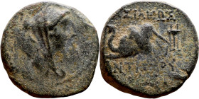 Antiochus IV Epiphanes (Seleukid King: 175-172 BC). AE bronze. Obv.: Veiled, diademed bust of Laodice IV right Rev.: Elephant head left, to r. Tripod...