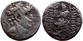 Philip I Philadelphos (Seleukid King: 95-75 BC). Tetradrachm. Obv.: Diademed head to right. Rev.: Zeus Nikephoros seated to left on throne, holding sc...