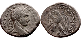 Elagabalus (218-222) Syria: Antioch, Tetradrachm. Obverse: Bust of emperor. Reverse: ΔHMAPX Є-ΞOYCIAC, eagle standing left, head right, wreath in beak...