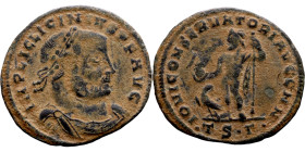 Licinius I (308-324 AD) follis. Obv: IMP C VAL LICIN LICINIVS P F AVG - Radiate, draped & cuirassed bust of Licinius right. Rev: IOVI CONSERVATORI, Ju...