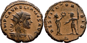 Aurelian (270-275) Anotniniaus. Obverse: IMP AVRELIANVS AVG, Radiate, draped and cuirassed bust right. Reverse: RESTITVTOR ORBIS - Female figure prese...