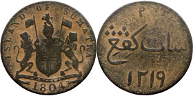 Sumatra – Bronze coin – 1804

20mm 2.56g

Artificial sand patina