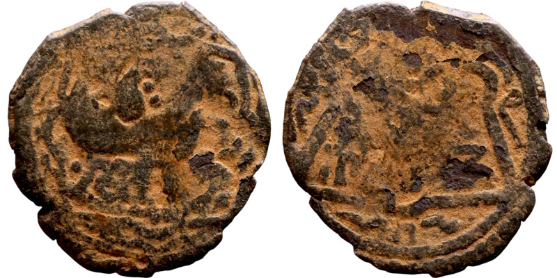 Seljuk (1037–1157, bronze coin in roman style. Obverse: Bust. Reverse: Arabicc i...