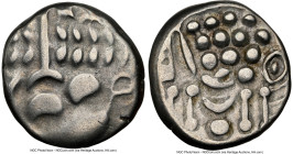 BRITAIN. Durotriges. Ca. 60-20 BC. AR stater (17mm, 5.89 gm, 3h). NGC VF 4/5 - 4/5. Durotrigan F, Spread Tail type. Devolved and Celticized head of Ap...