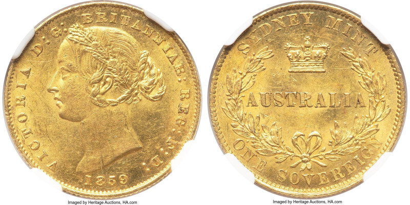 Victoria gold Sovereign 1859-SYDNEY MS62 NGC, Sydney mint, KM4, Marsh-A364. A lo...