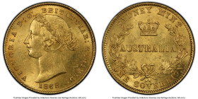 Victoria gold Sovereign 1868-SYDNEY MS62 PCGS, Sydney mint, KM4, Marsh-374. An adorable near-Choice example boasting sweeping luster on both verses. H...