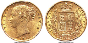 Victoria gold "Shield" Sovereign 1871-S MS62 PCGS, Sydney mint, KM6, S-3855A. Incuse WW on truncation. A desirable early Sydney shield in the scarcer ...