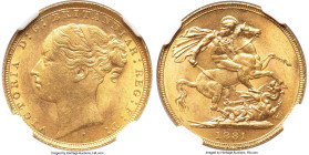 Victoria gold "St. George" Sovereign 1881-S MS64 NGC, Sydney mint, KM7, S-3858D. Short tail, no BP in exergue, WW complete in broad truncation. A high...