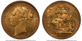 Victoria gold "St. George" Sovereign 1885-M MS62 PCGS, Melbourne mint, KM7, S-3857B. WW buried in truncation, horse with short tail, small BP. A well-...