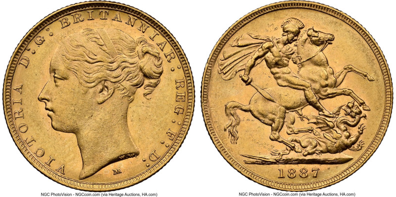 Victoria gold "St. George" Sovereign 1887-M AU58 NGC, Melbourne mint, KM7, S-385...