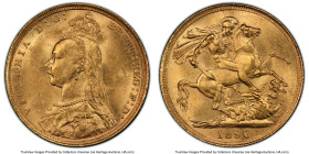 Victoria gold "Jubilee Head" Sovereign 1890-S MS64 PCGS, Sydney mint, KM10, S-3868B. Second obverse. Broadcasting abundant undulating mint bloom, curr...