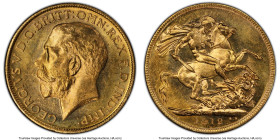 George V gold Sovereign 1912-M MS65 PCGS, Melbourne mint, KM29, S-3999. Tied for the highest grade recorded by both PCGS and NGC, with crisp details a...