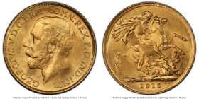 George V gold Sovereign 1915-S MS65 PCGS, Sydney mint, KM29, S-4003. Uncommonly seen in Gem state, exhibiting a butterscotch tone. HID09801242017 © 20...